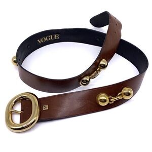 Vogue Brown Leather Belt with Gold Ball Chain Accents